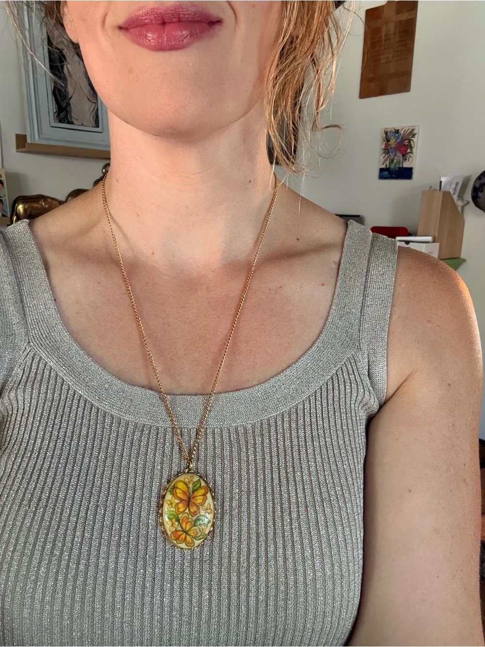 Floral Enamel Oval Pendant Necklace - Yellow Floral Design
